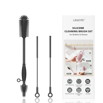 Silicone Cleaning Brush Kit,Water Bottle and Straw Cleaner Brush Set for Tumbler,Baby Bottle,Breast Pump Part,Nipple,Sippy Cup,Glass,Dishwasher Safe,BPA Free,3 Pcs - color: Deep Gray