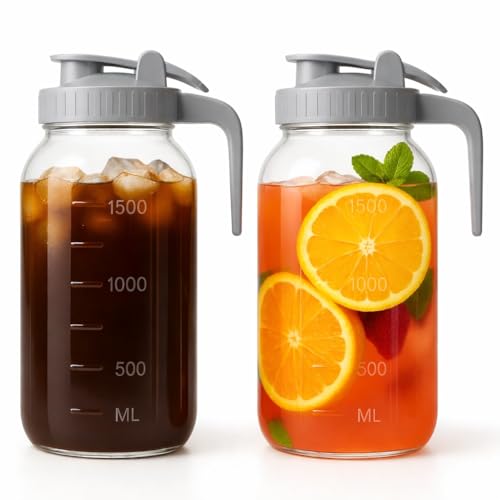 2 Pack - 64oz Glass Pitcher with Lid Wide Mouth, 2 Quart (1.9 Liter) Mason Jar Pitcher with Lid and Spout, Leakproof Water Jug for Water, Juice, Tea, Iced Coffee, Milk Storage - color: Grey & Grey, size: 64 Ounces