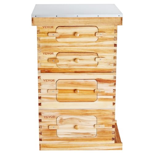 VEVOR 10 Frame Bee Hive, Beeswax Coated Fir Wood, Bee Hives Starter Kit,2 Deep + 2 Medium Bee Boxes Langstroth Beehive Kit, Transparent Acrylic Windows with Foundations for Beginners Pro Beekeepers - size: Deep Box x 2+ Medium Box x 2