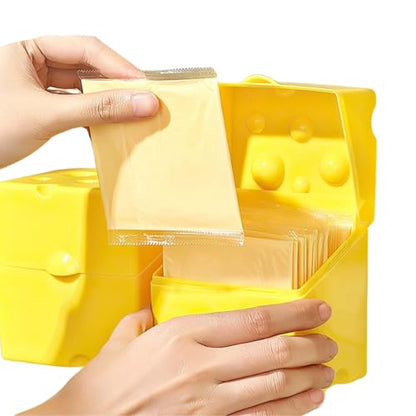 Cheese Container for Refrigerator, Sliced Cheese Container - BPA Free Plastic, Yellow, 3.7x3.7x3.7 inches, Holds 20-26 Slices, Playful Cow Design