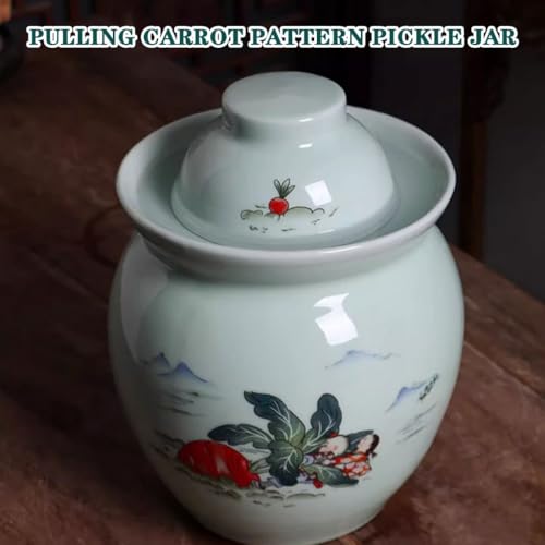 Chinese Jingdezhen Ceramics Pickle Jar, Water-Sealed Traditional Fermentation Crock, Spicy Radish Pattern Kimchi Jar, Artistic Decoration(1.5kg) - size: 1.5kg
