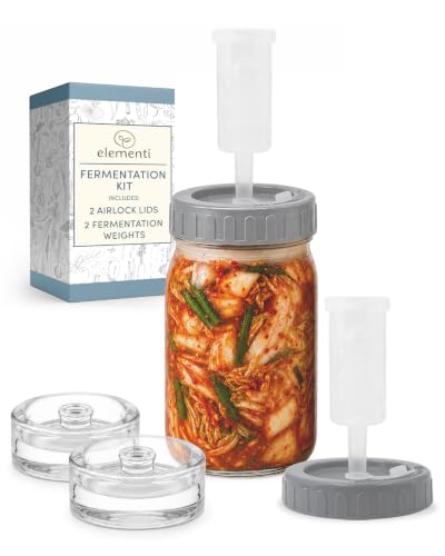Elementi Fermentation Kit - Set of 2 Glass Easy Grip Fermentation Weights & Mason Jar Fermentation Lids for Wide Mouth Mason Jars - Sauerkraut, Pickling & Fermenting Kit (Grey)