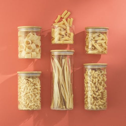 JoyJolt Borosilicate Glass Jars With Bamboo Lids. 6 Pc Set of Air Tight Sealable Containers. Food Jar Canisters with Airtight Lid for Pantry Storage and Kitchen Organization. - style: Bamboo Covers