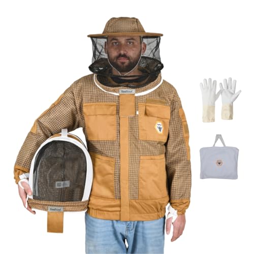 Beekeeping Jacket with Veil 3-Layer Ultra Ventilated 2 Veil Options (Fencing & Round) YKK Zippers Full Protection Suit Carrying Bag (BP-302-Brown)-L - color: Brown 2 Veils, size: L