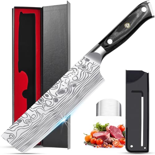 MOSFiATA 7” Nakiri Chef's Knife with Finger Guard, German High Carbon Stainless Steel EN1.4116 Vegetable Knife, Multipurpose Kitchen Knife with Micarta Handle in Gift Box - style: 7 inch Nakiri knife