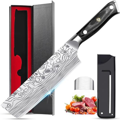 MOSFiATA 7” Nakiri Chef's Knife with Finger Guard, German High Carbon Stainless Steel EN1.4116 Vegetable Knife, Multipurpose Kitchen Knife with Micarta Handle in Gift Box - style: 7 inch Nakiri knife