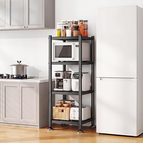 PXRACK Storage Shelves with Rolling Wheels, Adjustable 4 Tier Metal Shelving Unit for Storage Heavy Duty, Small Storage Rack Shelf for Corner of The Kitchen Bathroom Living Room Garage Office, Black - size: 17"L x 12.4"W x 45.3"H