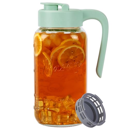 Mason Jar Pitcher with Tea Filter, 64 oz Glass Pitcher with Lid | Airtight, Leakproof, Pour Spout Lid, Ergonomic Handle, Fridge Safe, for Outside, Sun Tea, Lemonade, iced Tea - color: Green