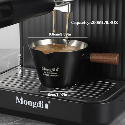 Mongdio 2 Pcs Espresso Measuring Cup, Stainless Steel Espresso Shot Cups with Wooden Handle and Double Spouts, 6.8OZ/200ML, Black - color: Black 2 pcs, size: 6.8oz