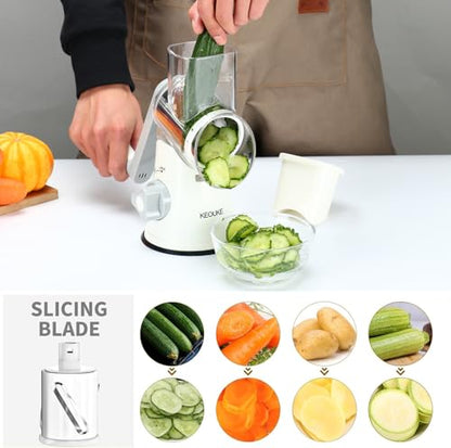 Cambom Rotary Cheese Grater Hand Crank Cheese Shredder for Fresh Cheese, Vegetable, Nuts,Non-slip Suction Base,Three Blades,White - color: White, size: 3 BLADES