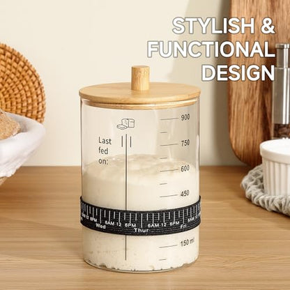HomeFeel Premium Sourdough Starter Jar - 34 Oz Large Glass Jar with Bamboo Lid, Cloth Cover, Date Tracker, Thermometer and Scraper, Stylish Design and Wide Mouth Starter Kit (2 Pack) - size: 34 Oz