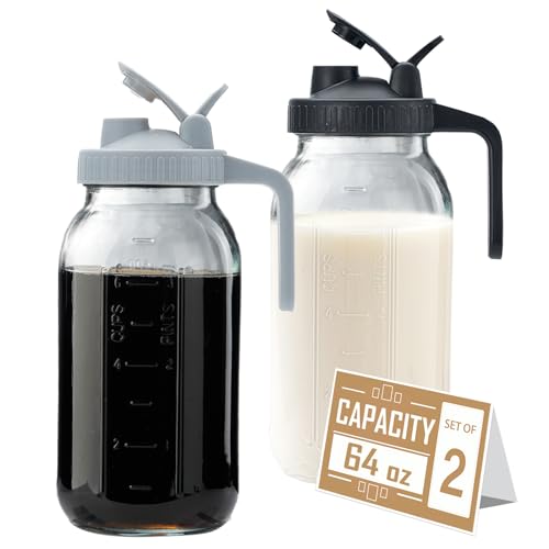 64oz Glass Pitcher with Lid - 2 Quart Mason Jar Pitcher with Spout, Leak-proof Milk Container for Refrigerator, Easy to Clean Wide Mouth Water Jug, Juice, Tea, Iced Coffee, Beverage and Drinks - color: Black&Grey, size: 2 Quart