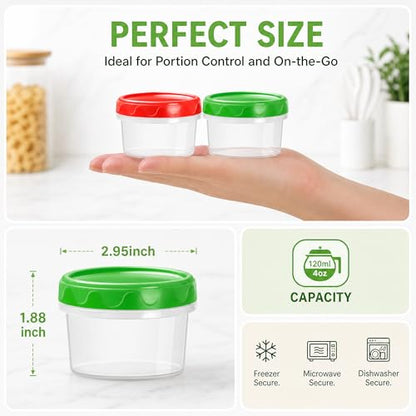 EONJOE 4oz Airtight Plastic Food Storage Containers with Lids, 12pcs | Dishwasher safe ,Freezer safe ,BPA free,Reusable,Round jars ,Perfect for salad dressing sauce lunch to go - size: 4oz