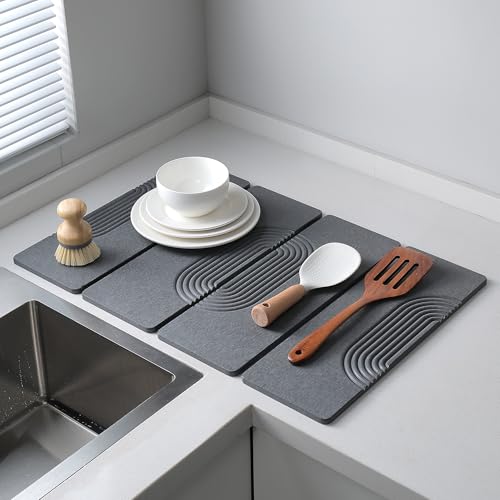 Large Stone Dish Drying Mat for Kitchen Counter,Collapsable Stone Dish Drying Mat with Diatomaceous Earth for Quick Drying-Ultra Absorbent-Eco-Friendly,Foldable-23.6"×15.7" Dark Gray Curved Grooves - color: HXTY-Dark Grey