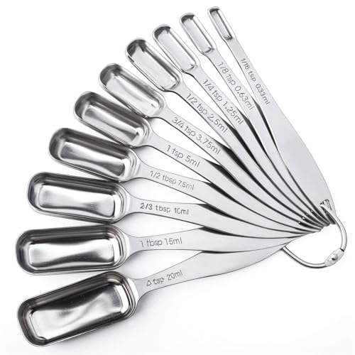 FANGSUN Narrow Measuring Spoons Set of 10, Heavy-Duty Stainless Steel Measuring Spoons with Long Handles & Engraved Measurements, Fits in Spice Jars, for Baking & Cooking - style: Spoons - Set of 10