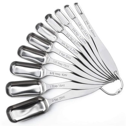 FANGSUN Narrow Measuring Spoons Set of 10, Heavy-Duty Stainless Steel Measuring Spoons with Long Handles & Engraved Measurements, Fits in Spice Jars, for Baking & Cooking - style: Spoons - Set of 10