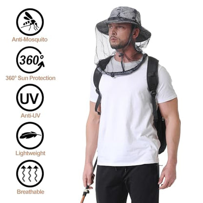 Mosquito Head Net Hat UPF 50+ Sun Protection Bug Hat for Men Women | Sun Visor Style, Perfect for Safari, Hiking, Beekeeping, Camping & Gardening - color: Dark Grey Camouflage