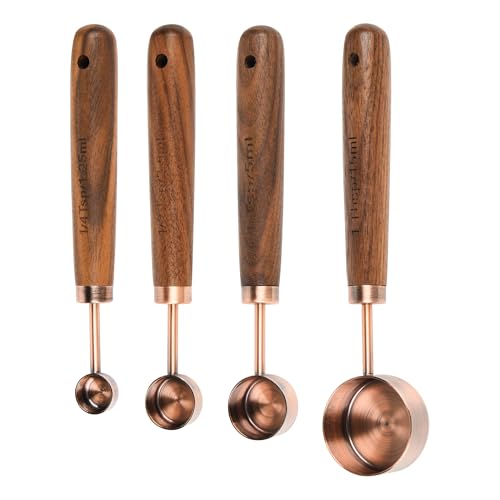 Copper Measuring Cups & Spoons Set 8, Stainless Steel Measuring Cups and Spoons Set for Baking and Kitchen, Metric & US Metal Measure Cup & Spoon with Wood Handle for Dry & Liquid - color: Copper