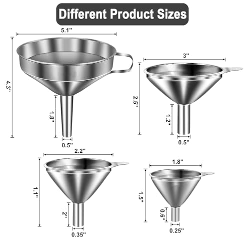 Stainless Steel Funnels for Kitchen use,4PCS Kitchen Metal Funnel with 2 Removable Strainer,Cleaning Brush.Funnel for Filling Bottles,for Transferring of Liquid,Oils,Jam (5.1",3",2.2",1.8") - size: Funnel set of 4