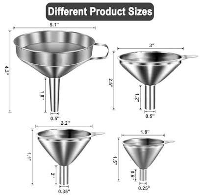 Stainless Steel Funnels for Kitchen use,4PCS Kitchen Metal Funnel with 2 Removable Strainer,Cleaning Brush.Funnel for Filling Bottles,for Transferring of Liquid,Oils,Jam (5.1",3",2.2",1.8") - size: Funnel set of 4