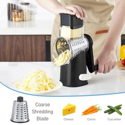 VEKAYA Rotary Cheese Grater Hand Crank with 4 Interchangeable Stainless Steel Blades, Large Manual Handle Shredder and Waffle Slicer for Vegetables, Cheese and Nuts with Table Suction Base (Black) - color: Black
