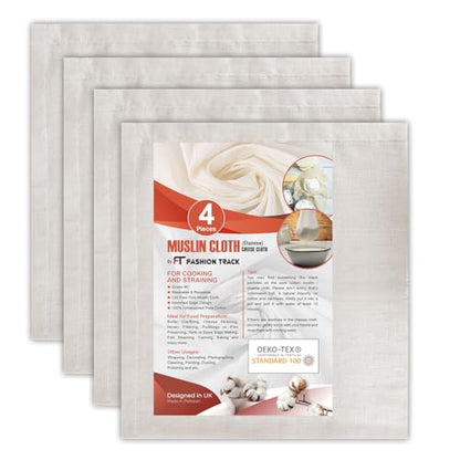 Fashion Track Cheese Cloths, 4 Pieces Grade 100 Hemmed Cheese Cloth Fabric Reusable Strainer 20x20 Inch, 100% Cotton Unbleached Muslin Cheesecloth for Straining, Kitchen, Cold Brew Coffee and Baking - size: Pack of 4
