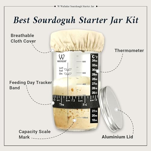 Upgraded Sourdough Starter Jar Kit –24 oz Glass Jar with Date Marked Feeding Band, Thermometer, Scraper, Cleaning Brush & Measuring Cups, Complete Bread Baking Supplies