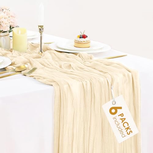 6 Pack Cream Beige Cheesecloth Table Runner 35x120 inch, Boho Semi Sheer Cheese Cloth Fabric Table Runner Bulk for Wedding Party Baby Shower Bridal Shower Decoration - color: Beige, size: 10ft x 6pcs