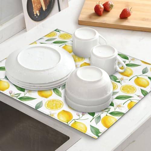 Lemon Dish Drying Mat for Kitchen Counter Microfiber Absorbent Dish Draining Reusable Washable Extra Large 24" x 18" (Lemon, 18x24in) - color: Lemon