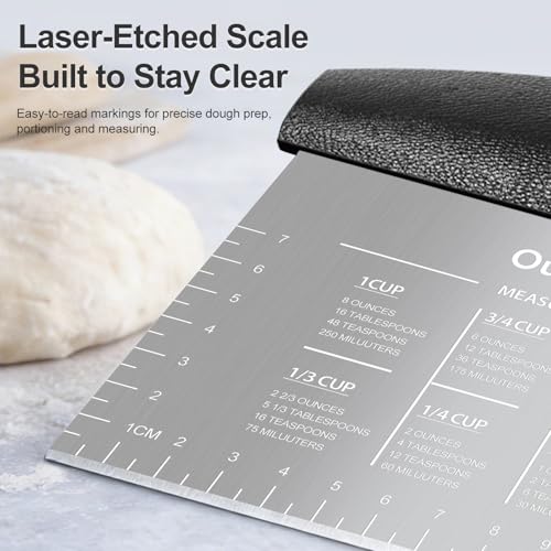 Ourokhome 2 Pack Bench Scraper Dough Cutter, Stainless Steel Dough Scraper with Laser-Etched Scale, Conversion Chart, Non-Slip Handle, Dishwasher Safe for Bread & Pastry, Black and Red - color: Red and black
