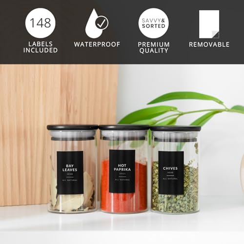 Black Spice Labels for Glass Jars, 148 Spice Jar Labels Stickers Preprinted Waterproof, Rectangle Herb Seasoning Stickers Containers Kitchen Pantry Organization - style: Black Rectangle Spice Labels