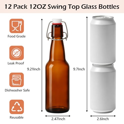 KEYWING 12oz Amber Swing Top Glass Bottles, 12 Pack Beer Bottles with Airtight Lids, Flip Top Glass Bottles for Kombucha, Fermentation, Vanilla Extract, Ginger Beer, Kefir, Wine, Liqueur - size: 12oz 12 pack