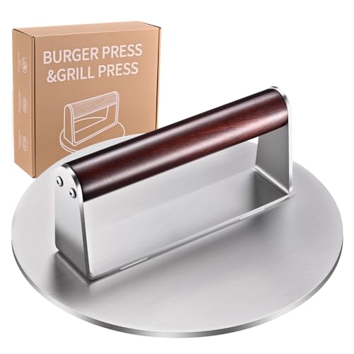 8.5" Stainless Steel Smash Burger Press, 2.5 lbs Heavy Duty Bacon Press & Patty Smasher with Wood Handle, Smooth Non-Stick Griddle Press for Steak, Meat, Flat Top Grill & BBQ - color: 8.5 inches - Silver