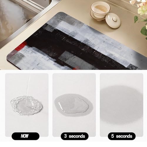 Dish Drying Mat for Kitchen Counter, Black and Grey Abstract Art, Absorbent Quick Dry Pad with Rubber Backing, Draining Mat Dish Rack Pad for Dishes, Utensils, Countertops, Sinks 12" x 20 - color: Black and Grey