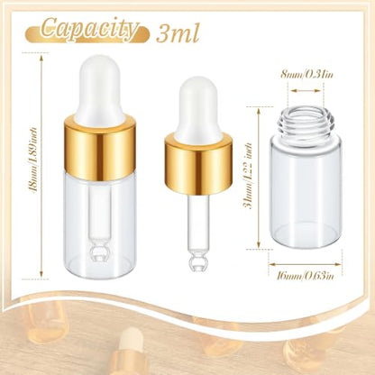 Didaey 200 Pcs 1/2/3/5/10/15 ml Mini Glass Oil Dropper Bottle Bulk, Clear Essential Small Empty Bottles Sample Containers Perfume Liquid Vials with Cap for Traveling (3 ml,Champagne Gold) - color: Champagne Gold, size: 3 ml