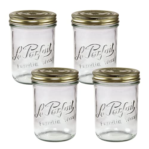 Le Parfait Familia Wiss Terrine | 24oz/Pint&Half (Pack of 4) 750ml Wide Mouth French Glass Jar w/Airtight 2-Piece System Gold Lids | Ideal for Canning, Food Storage, Meal Prep, Cake Jar & DIY Crafts - color: 750ml (Set/4)
