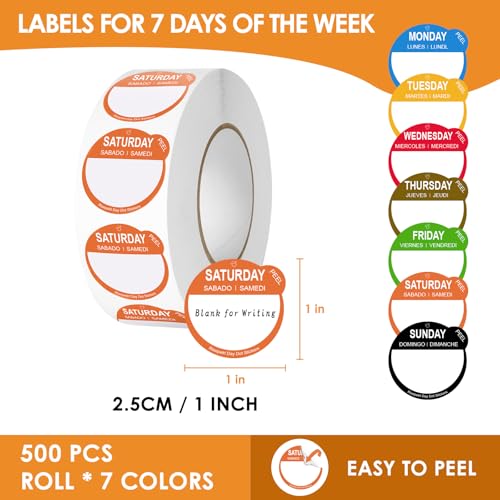7000 Pcs 1 Inch Risepekt Removable Day Dots Food Labels (Monday-Sunday) 【English Español Français】, Easy to Peel Day of The Week Labels for Restaurant Kitchen Containers, Self Adhesive Date Stickers - color: Risepekt Removable Day Labels