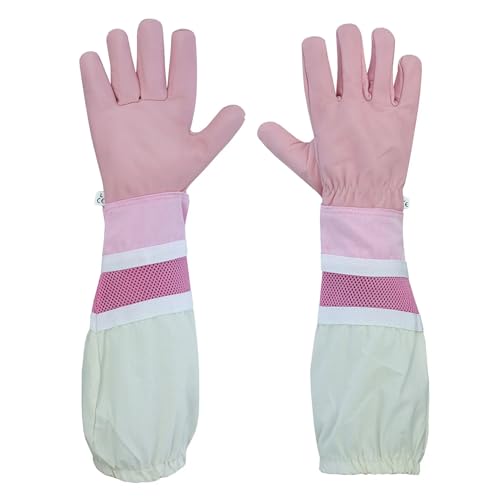 Pink Beekeeping Gloves - Cowhide Ventilated Beekeeper Gloves with Long Sleeve & Elastic Cuff - size: Large