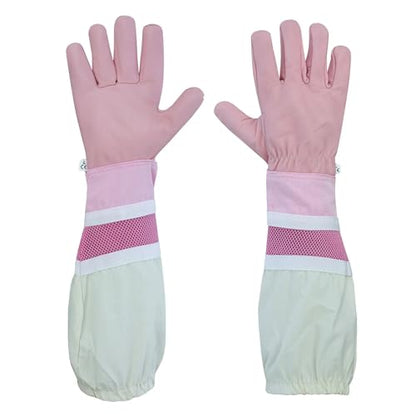 Pink Beekeeping Gloves - Cowhide Ventilated Beekeeper Gloves with Long Sleeve & Elastic Cuff - size: Large