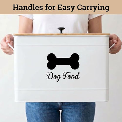 Dog Food Container Airtight Bamboo Lid 15-20 lb Sturdy Metal Handle 70 Cups | Pet Jar For Dogs up to 100lbs, Airtight Bamboo Lid, Sturdy Comfortable Metal Handle, Powder Coated Iron, Kibble Storage Bin - color: White