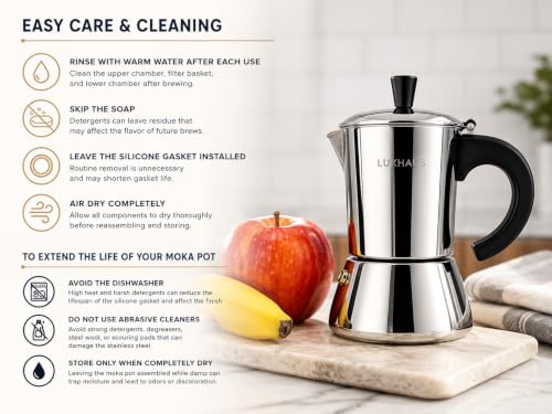 LuxHaus 3 Cup Moka Pot (2oz each cup - 6oz total) Stovetop Espresso Maker - Stainless Steel Italian and Cuban Mocha Coffee Maker - size: 3 Cup