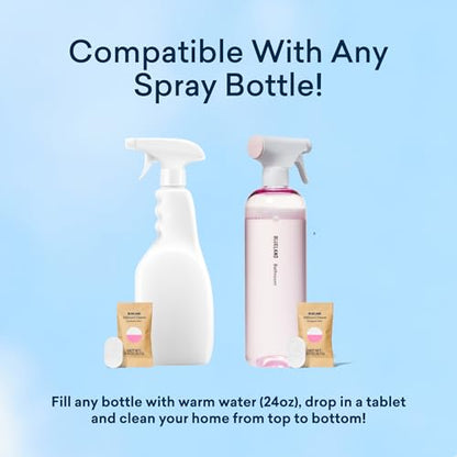 BLUELAND Bathroom Cleaner, Starter Set, Eucalyptus Mint Scent, Spray Bottle with 4 Refill Tablets, Eco-Friendly Cleaning Supplies, 4 x 24 Fl oz - style: Spray Bottle + 4 Tablets