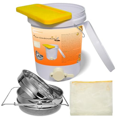 Honey Bucket 5 Gallon Beekeeping Supplies-Honey Gate & Stainless Steel Double Sieve Honey Strainer Honey Filter Bag Uncapping Tank Holder Honey Harvesting Equipment Beekeeping Kit (5 PCS/Set) | Leakproof plastic spigot|Dual stainless filter|Drawstring nyl