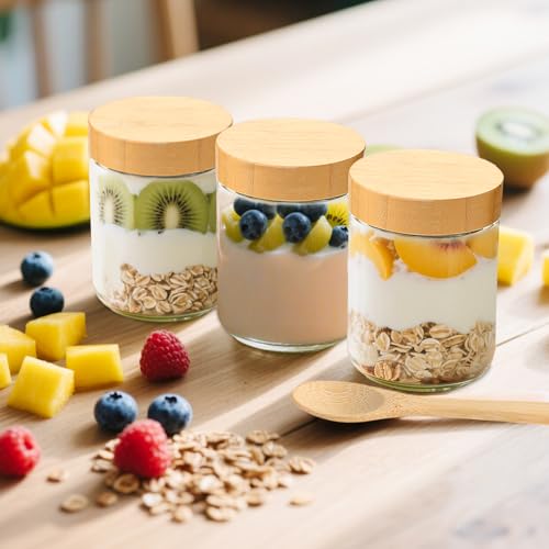 TBWIND 4 Pack 16oz Glass Jars with Bamboo Lids, Spoons, Airtight Overnight Oats Containers, Wide Mouth Mason Jars, Food Storage Container for Yogurt Salad Snacks Spice Sugar Meal Prep – Reusable - color: 16oz-Natural Lids-4 Spoon