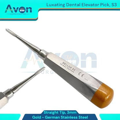 1.5, 2mm, 3mm, 4mm, 5mm, Straight Tipped Hollow Handle Root Extraction Elevators | Stainless Steel German | 5 Piece Bundle - Gold