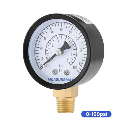MEASUREMAN CO2 Regulator Gauge Set for Beer Kegs, 0-100 PSI, Dual Scale, Bar/PSI, 2’’ Dial, 1/4’’ NPT, Black Iron Case, Aluminum Pointer, Brass Components, with Hose Clamps& Nylon seals - size: 1pc, style: 0-100 psi With Washers & Clamps