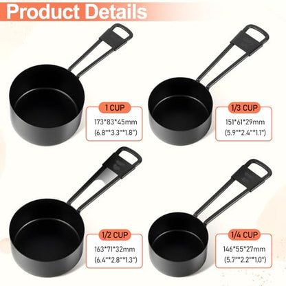 9 PCS Black Stainless Steel Measuring Cups and Spoons Set, Nesting Metal Measuring Cup with Ring Connector for Liquid and Dry Ingredients, Cooking and Baking (Black) - color: Black