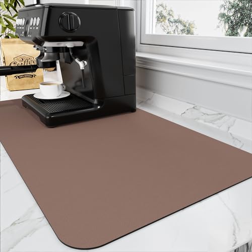HotLive Coffee Mat - Absorbent Hide Stain Rubber Backed Dish Drying Mat for Kitchen Counter - Bar Mats for Countertops Accessories Fit Under Coffee Maker Espresso Machine - color: Brown, size: 17" x 31.5"