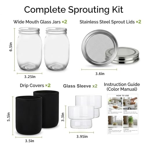 Sprouting Jar Kit, 2 Pack Wide Mouth Mason Jar Sprouter with Stainless Stee Screen Lids & Mess-Free Drip Covers Complete Indoor Microgreens Growing Kit Broccoli Alfalfa Gardening Gift