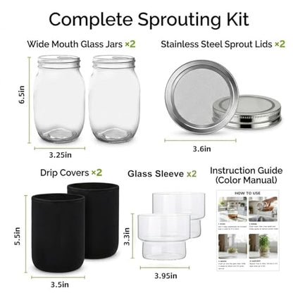 Sprouting Jar Kit, 2 Pack Wide Mouth Mason Jar Sprouter with Stainless Stee Screen Lids & Mess-Free Drip Covers Complete Indoor Microgreens Growing Kit Broccoli Alfalfa Gardening Gift